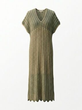 Floris Sage Green Metallic Gold Shimmer Knit Scalloped Edge Maxi Beach Cover Up